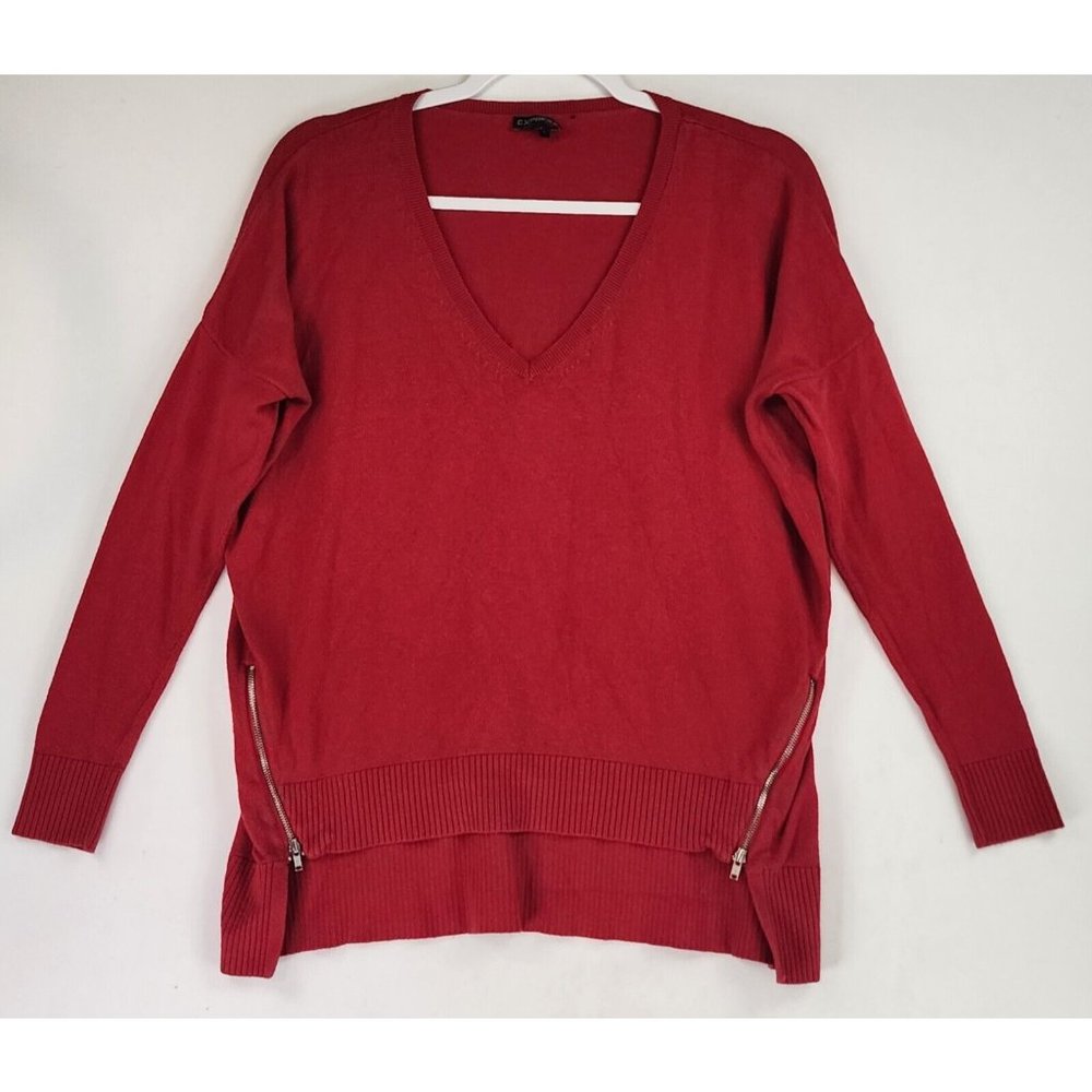 Express Sweater Womens XS Red Y2K Crop High Low Side Zip Dolman Sleeve Pullover